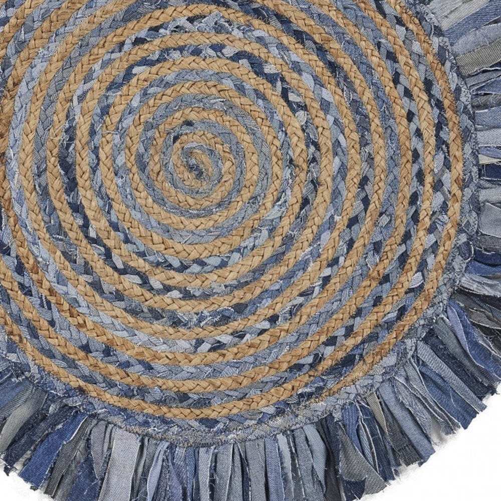 Denim And Natural Jute Round Swirl Fringed Rug - Homeroots - Flyclothing LLC