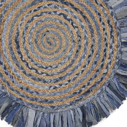 Denim And Natural Jute Round Swirl Fringed Rug - Homeroots - Flyclothing LLC