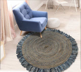 Denim And Natural Jute Round Swirl Fringed Rug - Homeroots - Flyclothing LLC