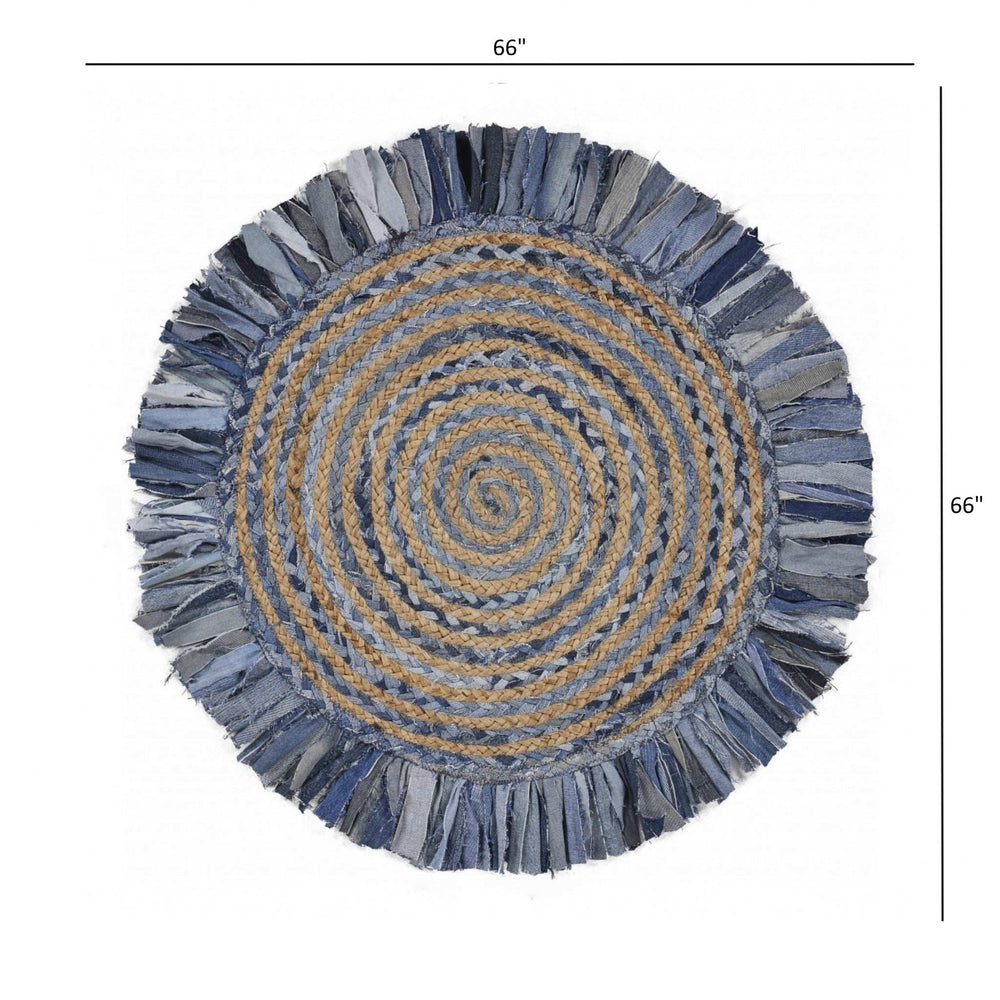 Denim And Natural Jute Round Swirl Fringed Rug - Homeroots - Flyclothing LLC