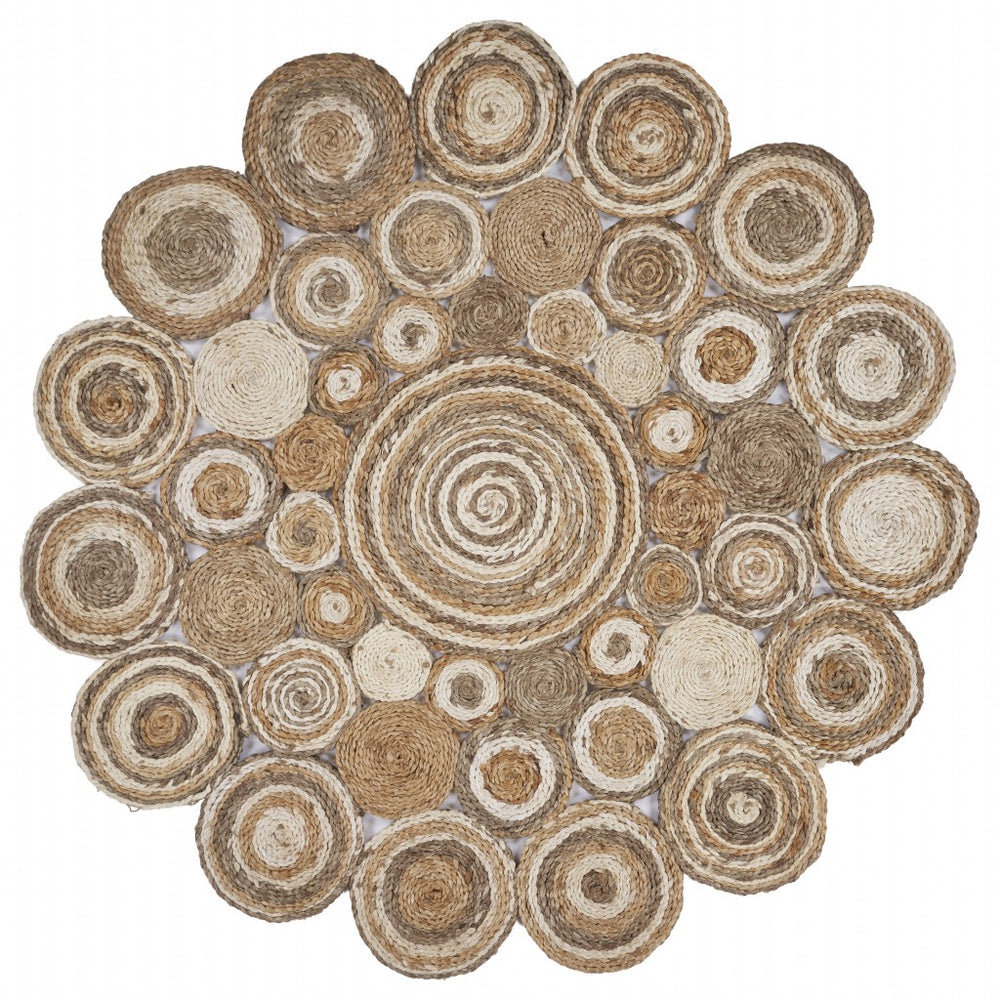 Multi-Toned Intricate Circle Natural Jute Area Rug - Homeroots