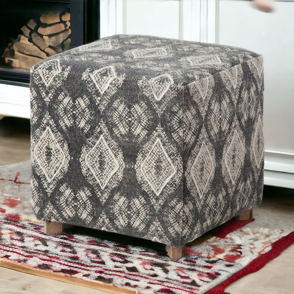 19" Gray 100% Cotton And Brown Cube Ottoman - Homeroots