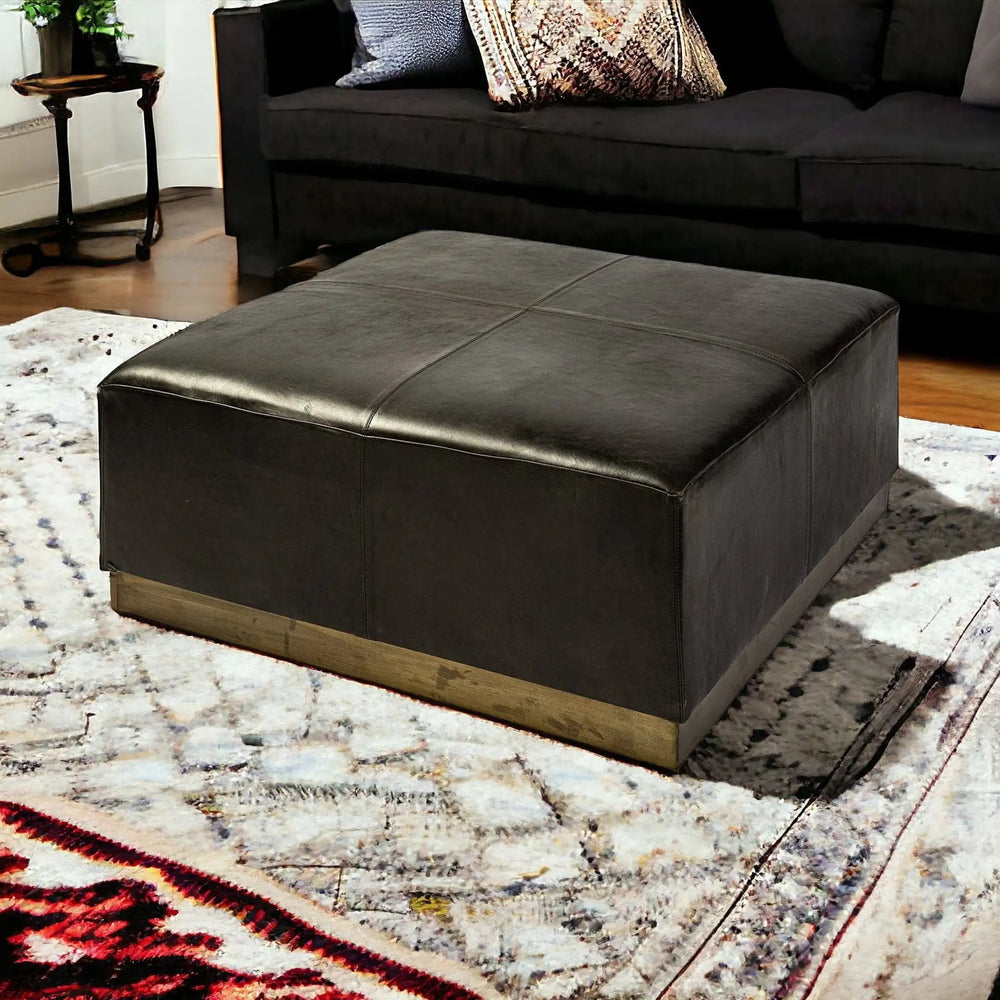 36" Black Faux Leather And Brown Footstool Ottoman - Homeroots - Flyclothing LLC