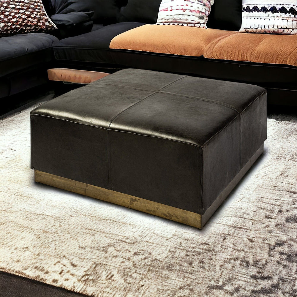36" Black Faux Leather And Brown Footstool Ottoman - Homeroots - Flyclothing LLC