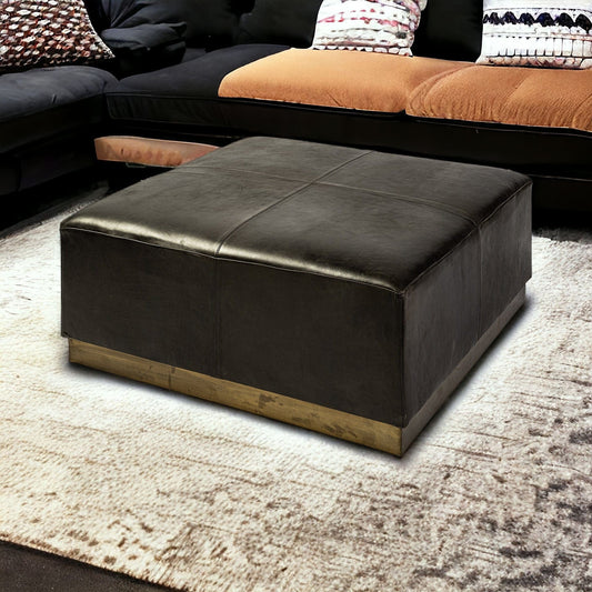 36" Black Faux Leather And Brown Footstool Ottoman - Homeroots