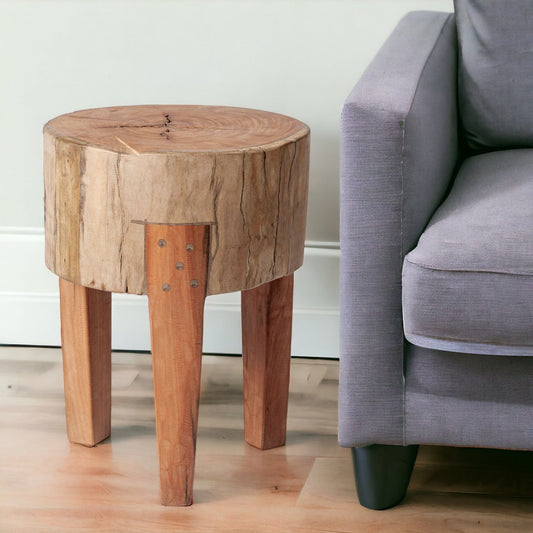 18" Dark Brown And Brown Distressed Reclaimed Wood Round End Table - Homeroots