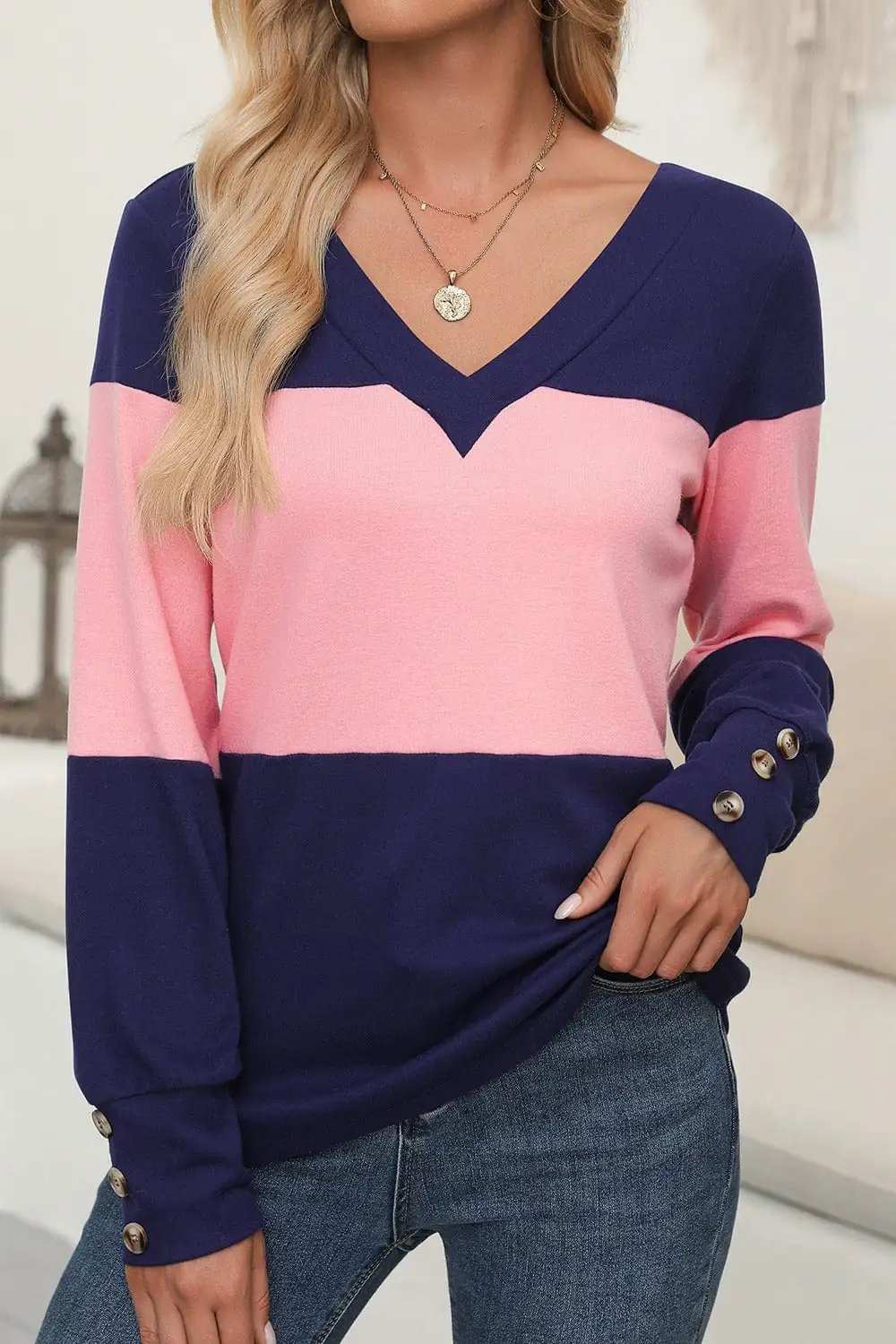 Color Block V-Neck Long Sleeve Top - Trendsi - Flyclothing LLC