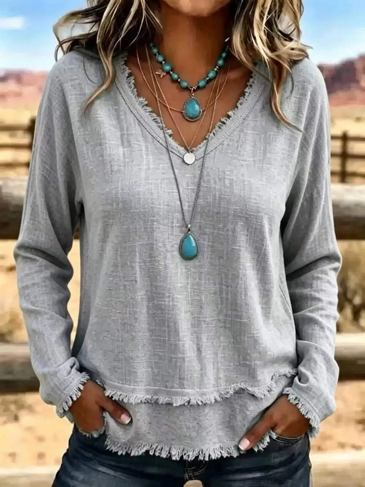 V-Neck Frayed Hem Long Sleeve T-Shirt - Trendsi - Flyclothing LLC
