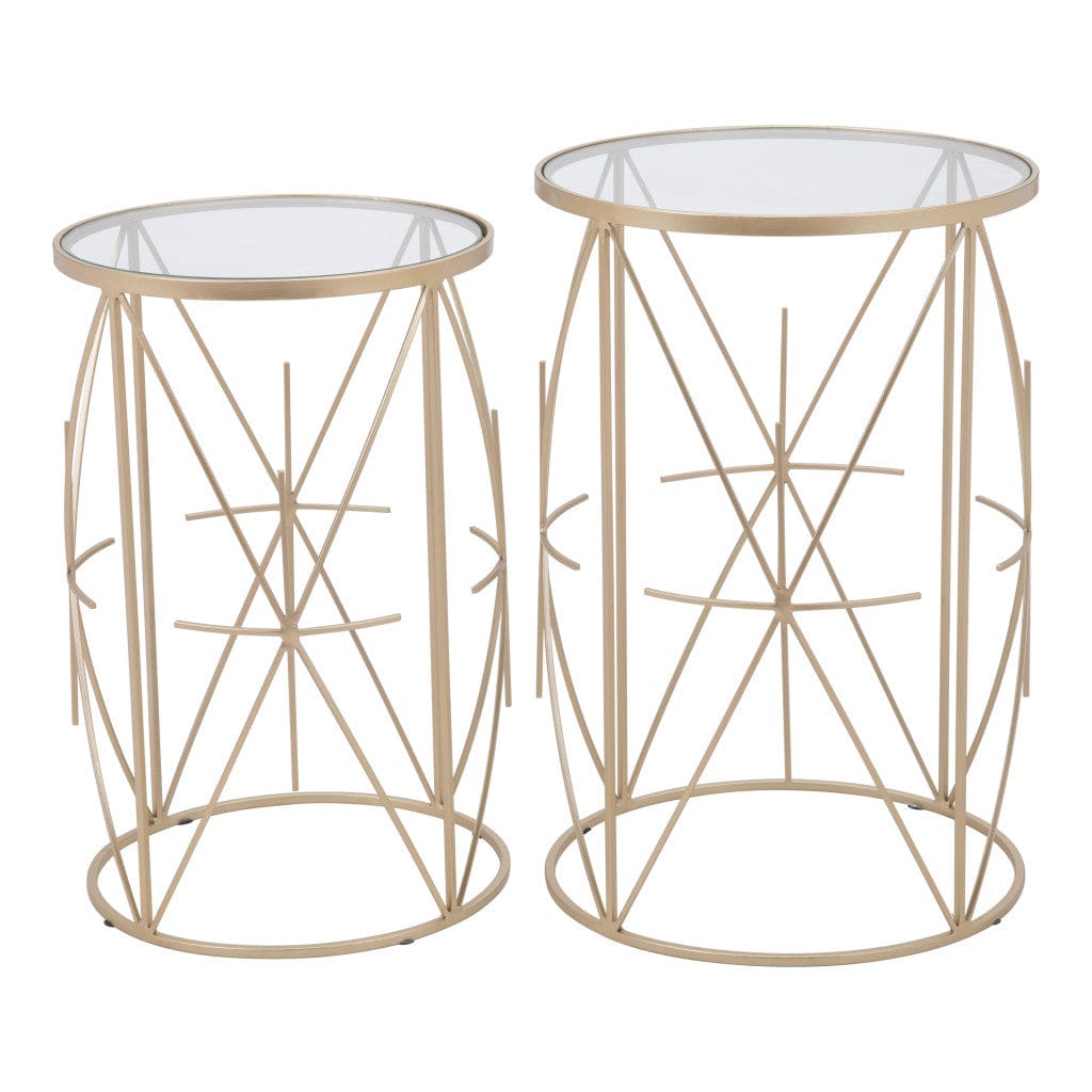 Set of Two Geometric Gold and Glass Side Tables