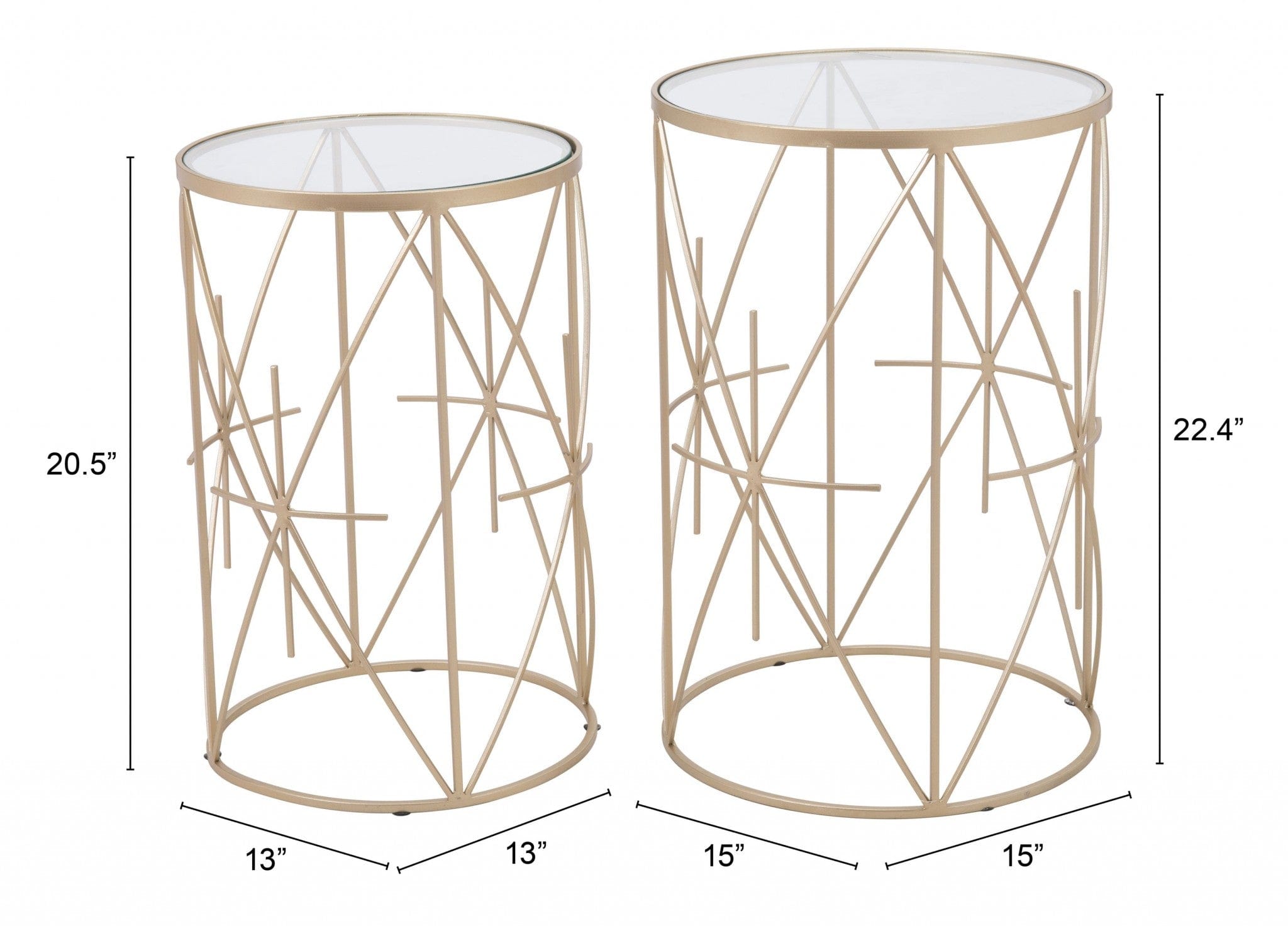 Set of Two Geometric Gold and Glass Side Tables