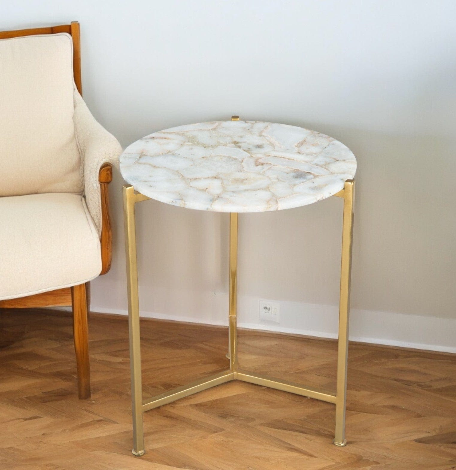 20" Gold And White Genuine Marble Look Round End Table - Homeroots