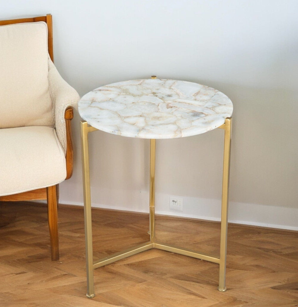 20" Gold And White Genuine Marble Look Round End Table - Homeroots