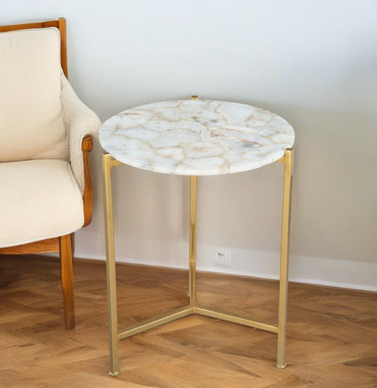 20" Gold And White Genuine Marble Look Round End Table - Homeroots