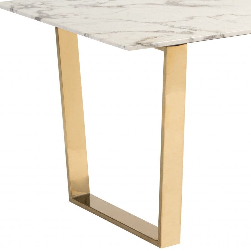 71" White And Gold Faux Marble And Steel Sled Base Dining Table - Homeroots