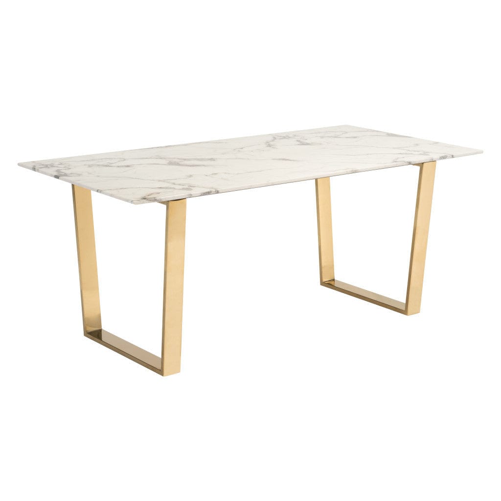 71" White And Gold Faux Marble And Steel Sled Base Dining Table - Homeroots