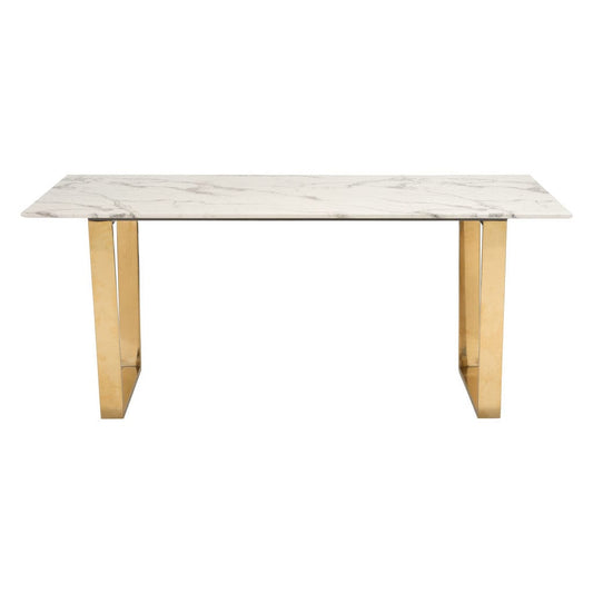 71" White And Gold Faux Marble And Steel Sled Base Dining Table - Homeroots