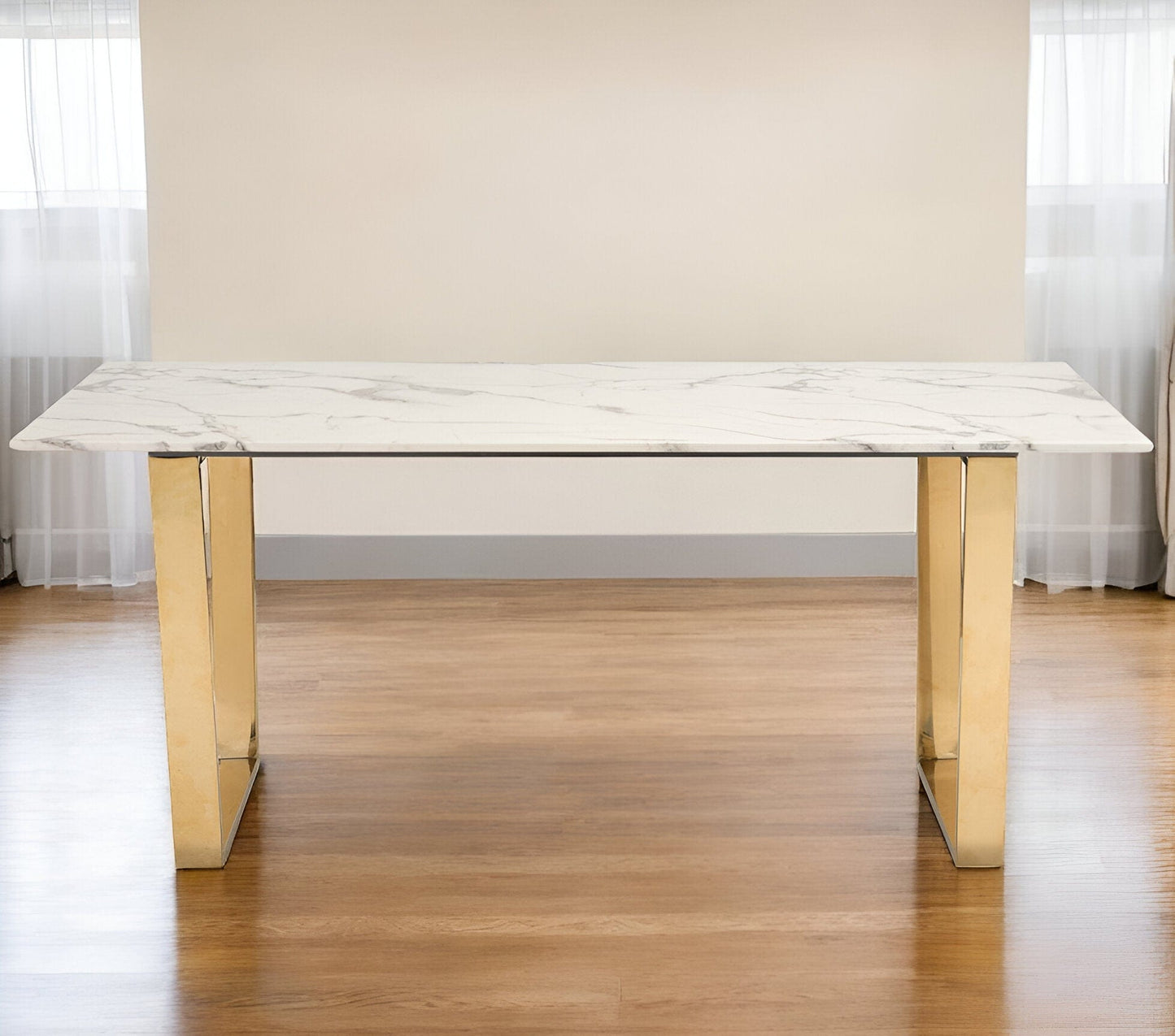 71" White And Gold Faux Marble And Steel Sled Base Dining Table - Homeroots - Flyclothing LLC