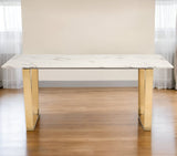 71" White And Gold Faux Marble And Steel Sled Base Dining Table - Homeroots - Flyclothing LLC