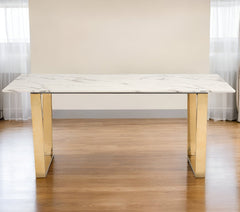 71" White And Gold Faux Marble And Steel Sled Base Dining Table - Homeroots