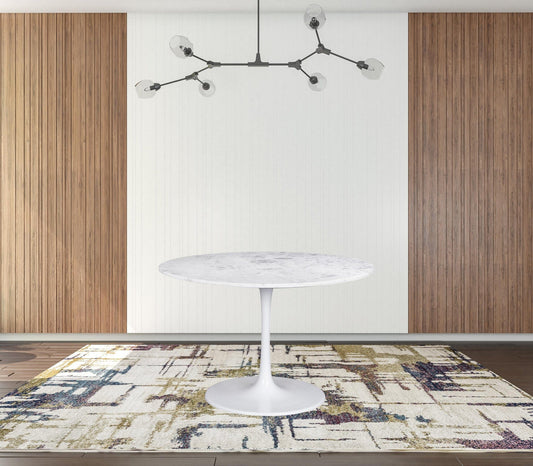 47" White Rounded Marble And Steel Pedestal Base Dining Table - Homeroots