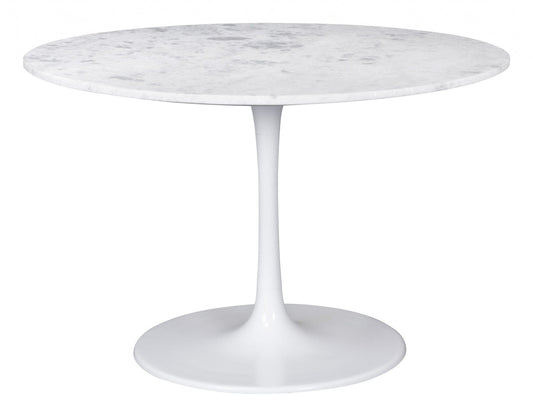47" White Rounded Marble And Steel Pedestal Base Dining Table - Homeroots