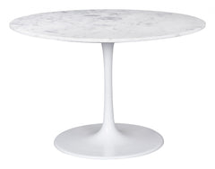 47" White Rounded Marble And Steel Pedestal Base Dining Table - Homeroots