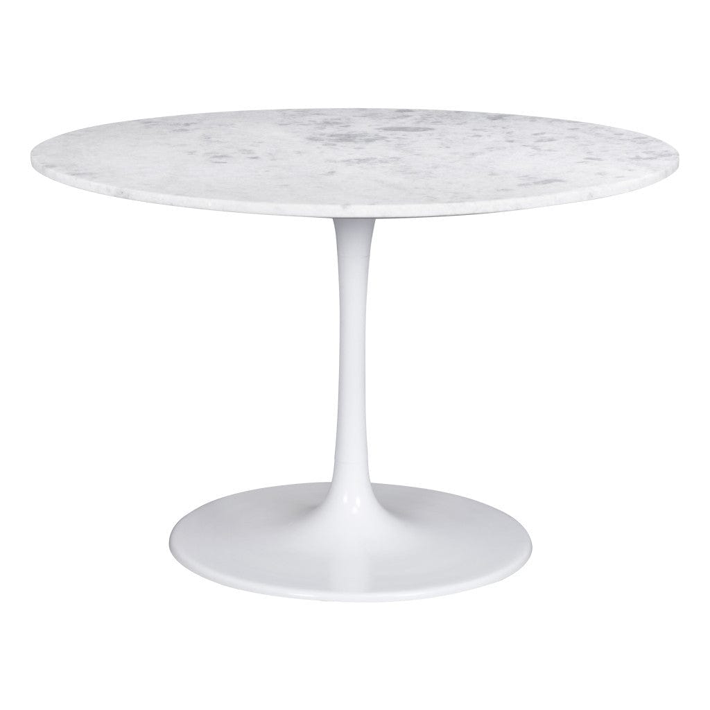 47" White Rounded Marble And Steel Pedestal Base Dining Table - Homeroots