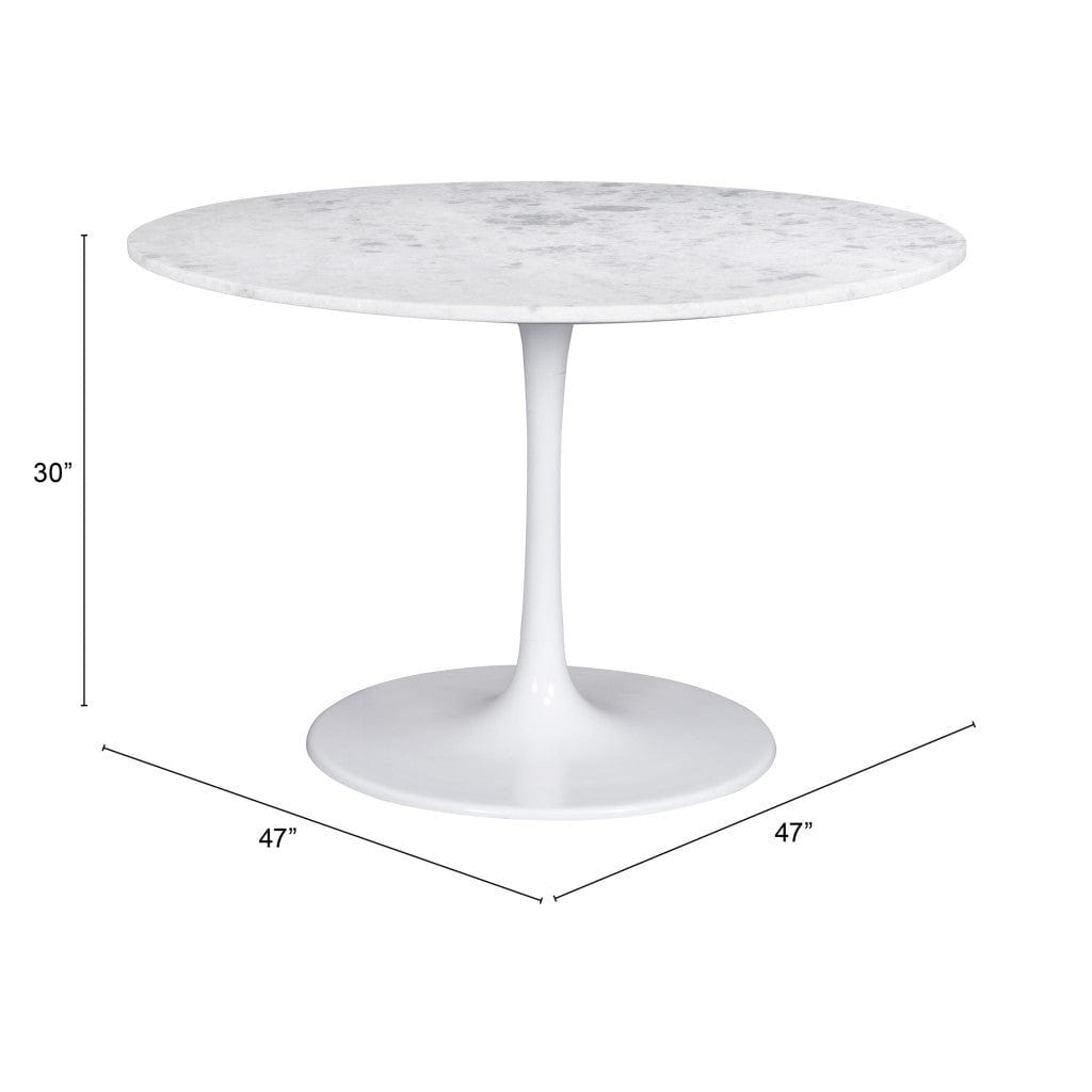47" White Rounded Marble And Steel Pedestal Base Dining Table - Homeroots