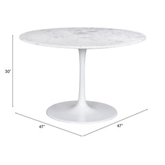 47" White Rounded Marble And Steel Pedestal Base Dining Table - Homeroots