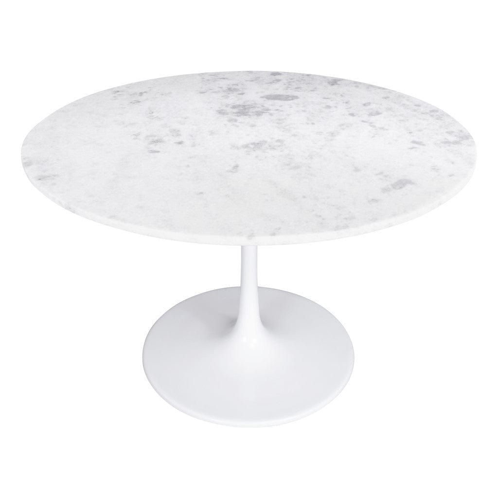 47" White Rounded Marble And Steel Pedestal Base Dining Table - Homeroots