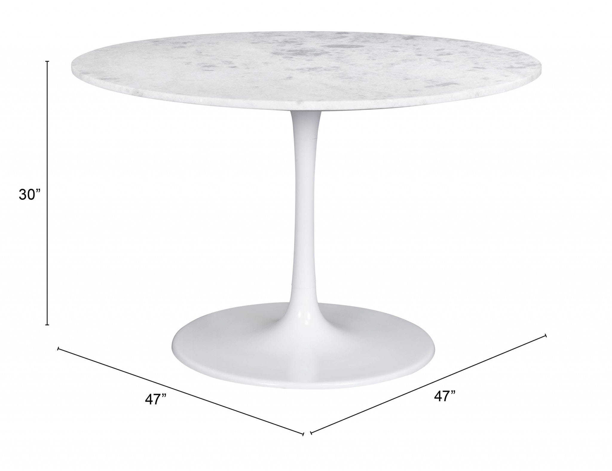 47" White Rounded Marble And Steel Pedestal Base Dining Table - Homeroots