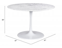 47" White Rounded Marble And Steel Pedestal Base Dining Table - Homeroots