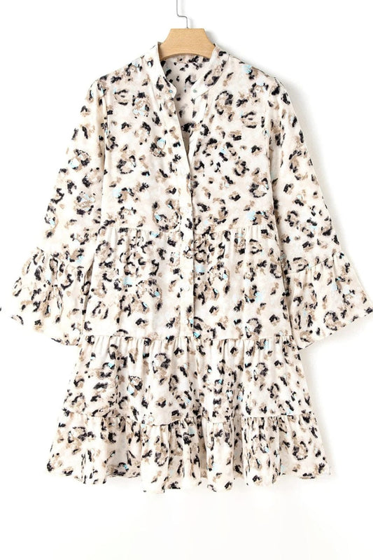 Leopard Notched Long Sleeve Tiered Dress - Trendsi