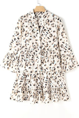Leopard Notched Long Sleeve Tiered Dress - Trendsi