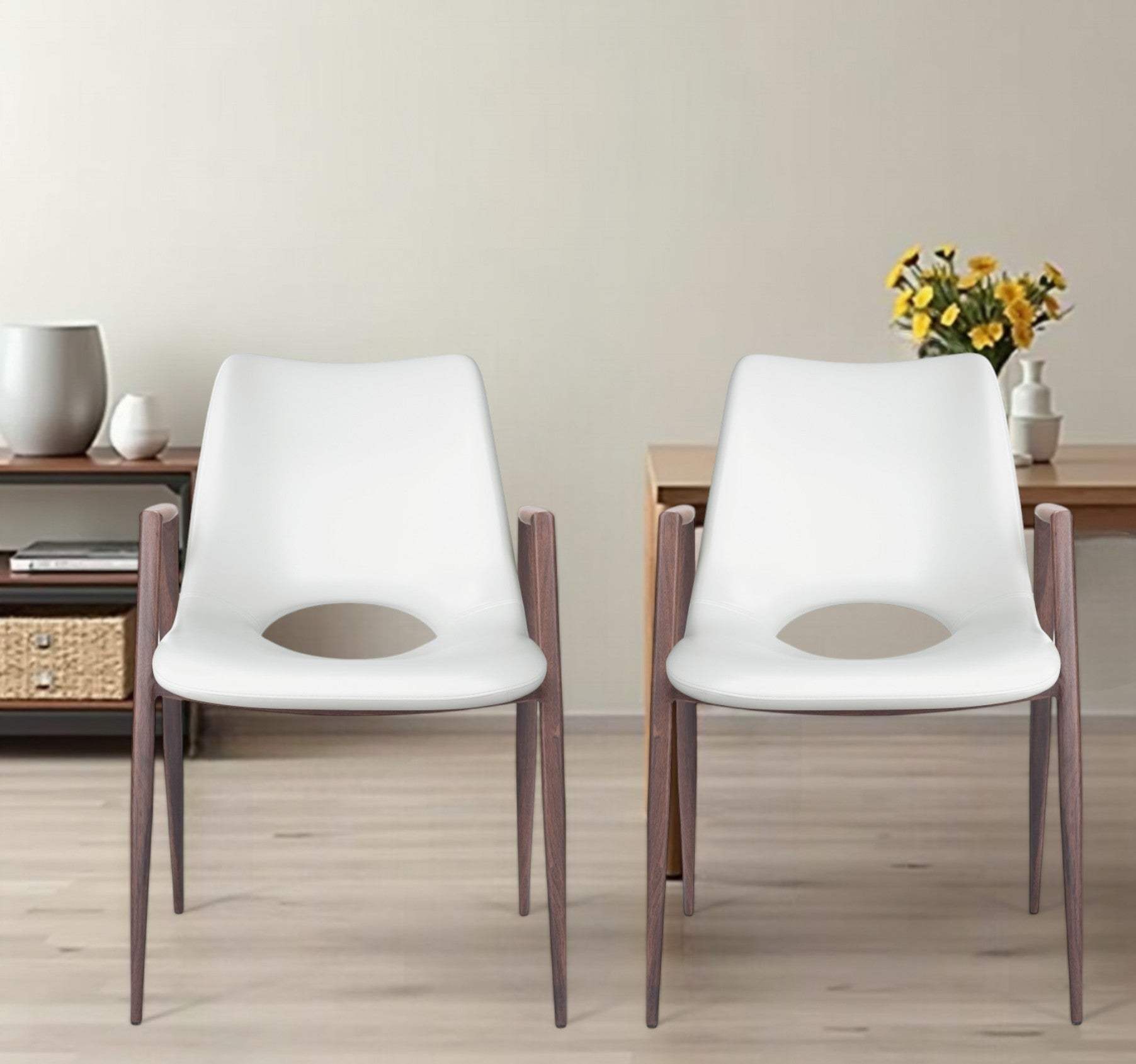 Set of Two White And Brown Upholstered Faux Leather Open Back Dining Arm Chairs - Homeroots - Flyclothing LLC