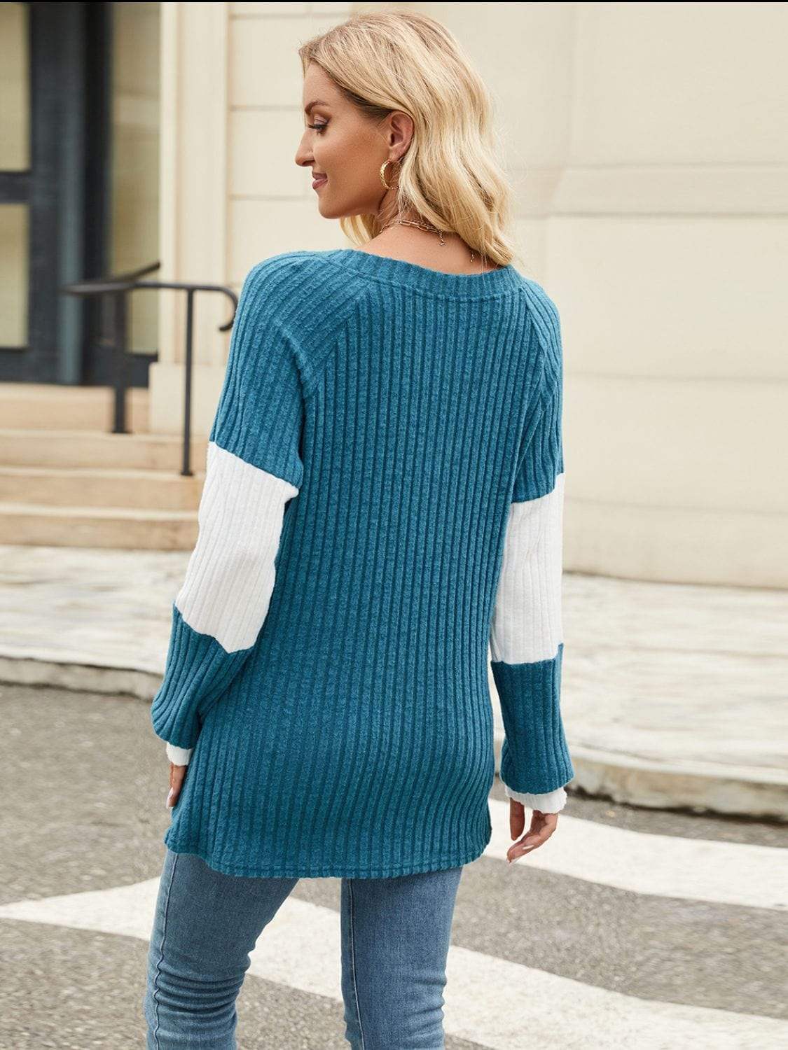 Color Block V-Neck Long Sleeve T-Shirt - Trendsi - Flyclothing LLC