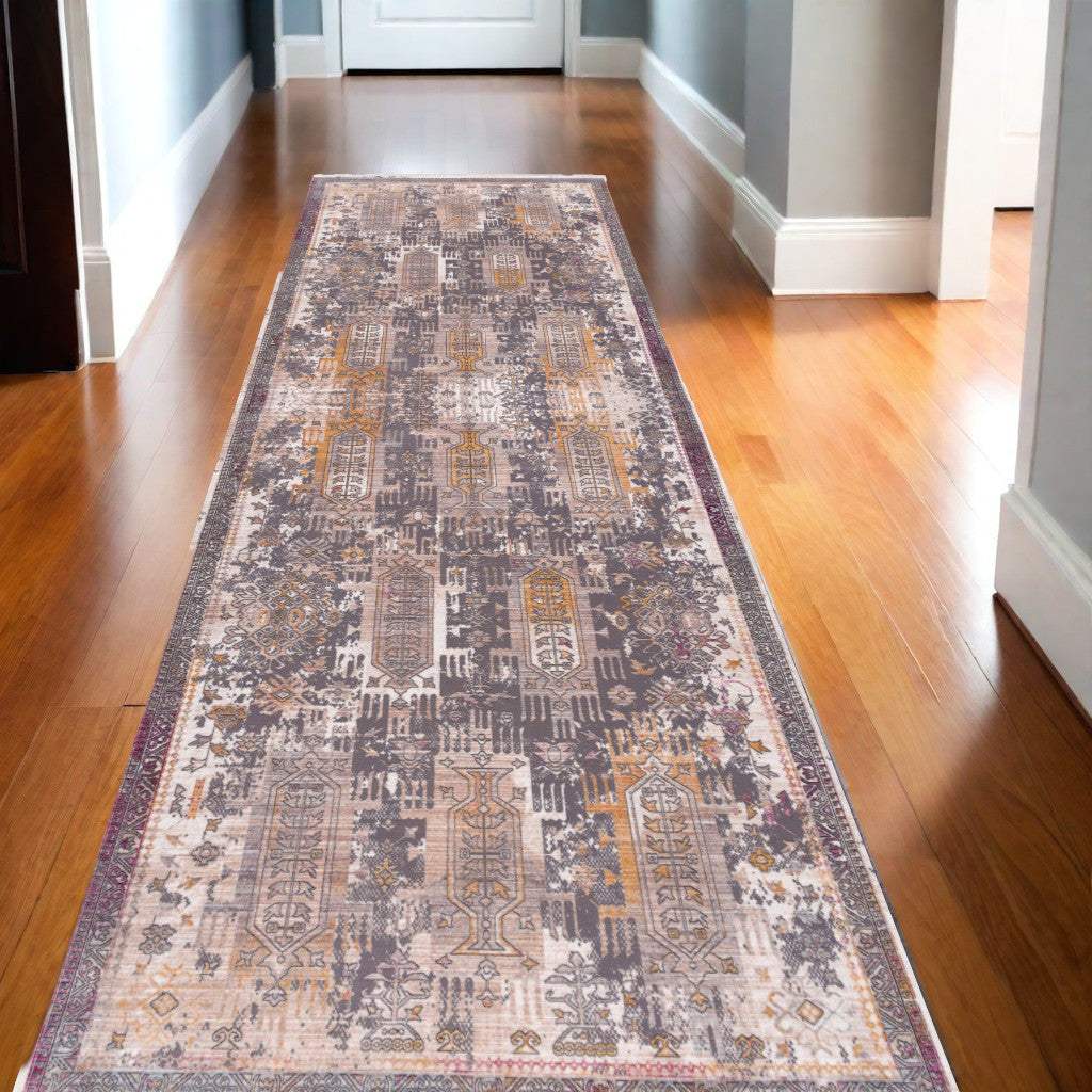 10' Runner Gray and Ivory Oriental Power Loom Runner Rug - Homeroots - Flyclothing LLC