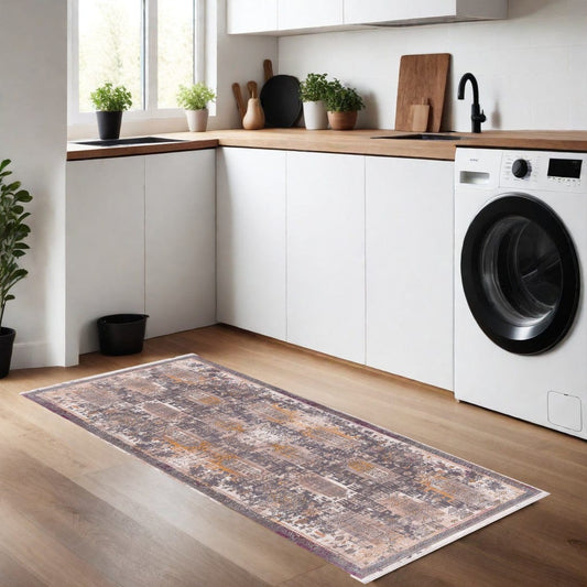 8' Runner Gray and Ivory Oriental Power Loom Distressed Runner Rug - Homeroots