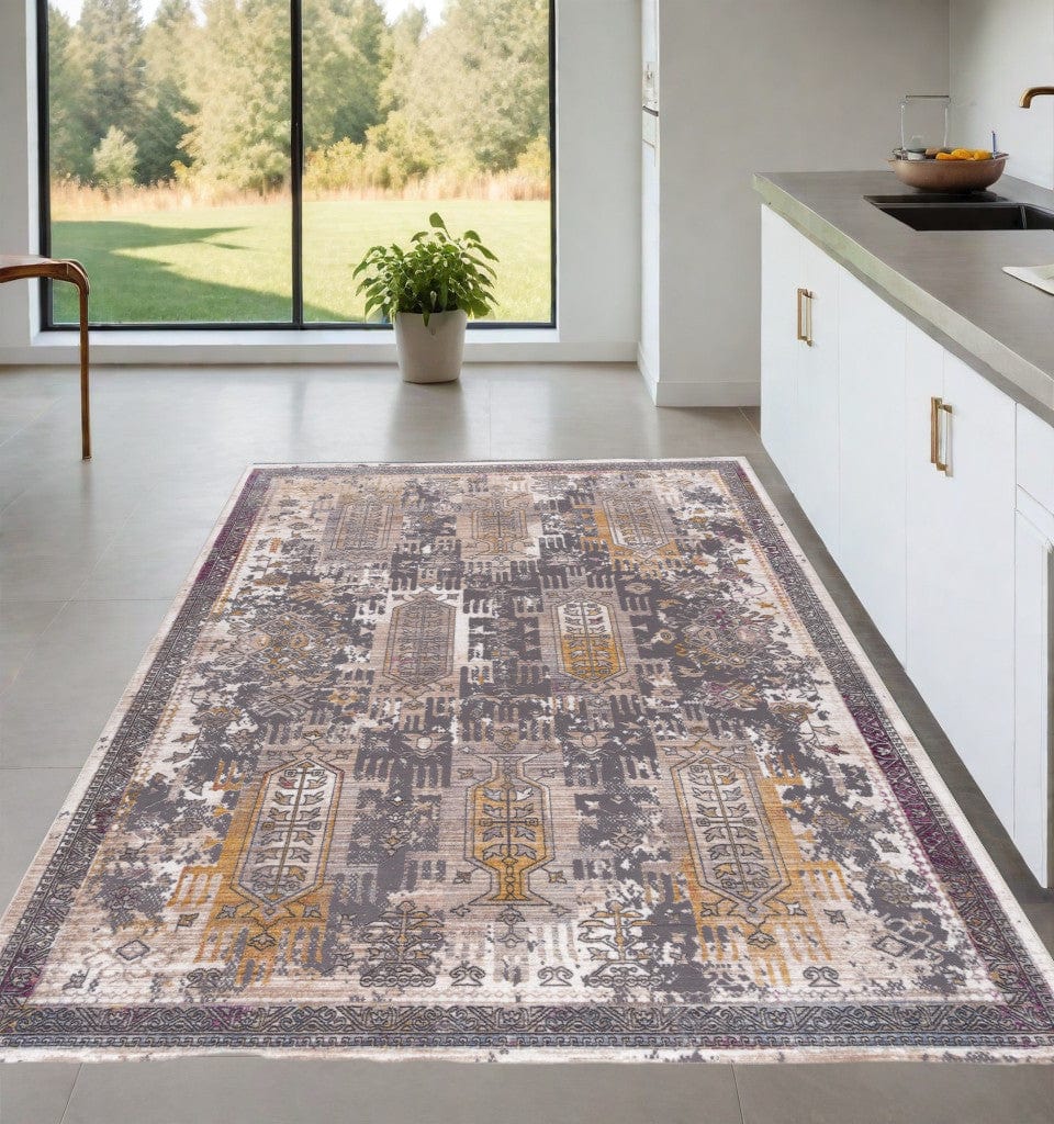 4' X 6' Gray and Ivory Oriental Power Loom Distressed Area Rug - Homeroots