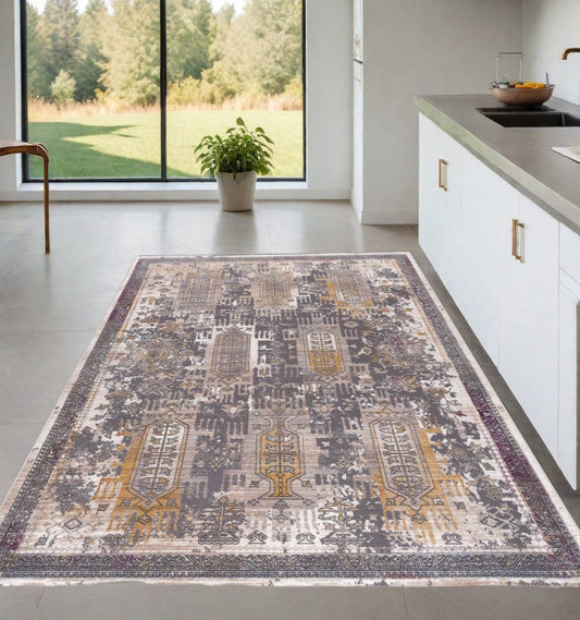 4' X 6' Gray and Ivory Oriental Power Loom Distressed Area Rug - Homeroots