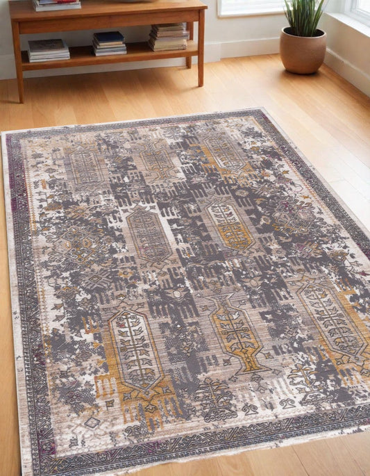 5' X 8' Gray and Ivory Oriental Power Loom Area Rug - Homeroots