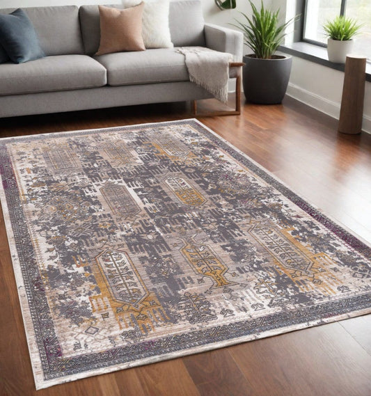 8' X 11' Gray and Ivory Oriental Power Loom Area Rug - Homeroots