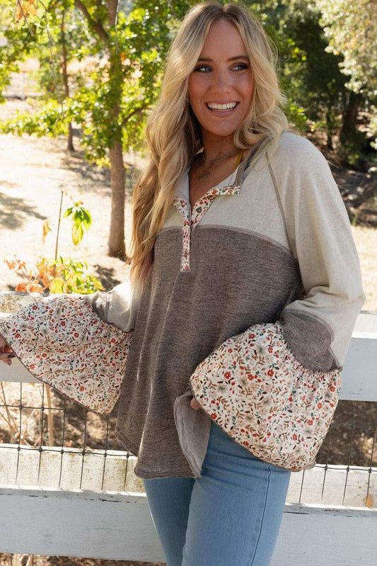 Floral Half Button Long Sleeve T-Shirt - Trendsi - Flyclothing LLC
