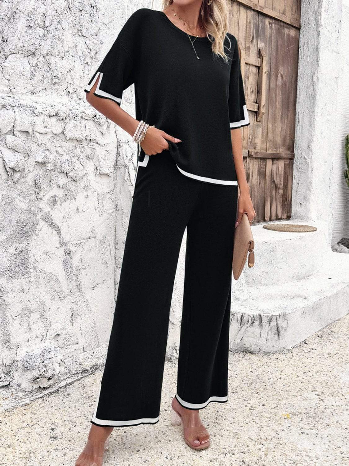 Contrast Trim Round Neck Top and Pants Set - Trendsi - Flyclothing LLC