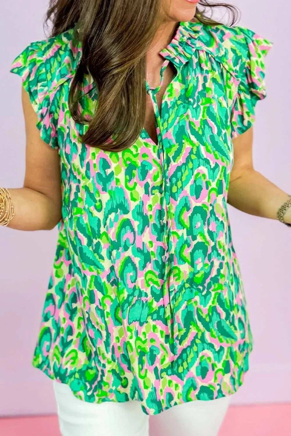 Abstract Print Ruffled Trim Tie Neck Top - Trendsi - Flyclothing LLC