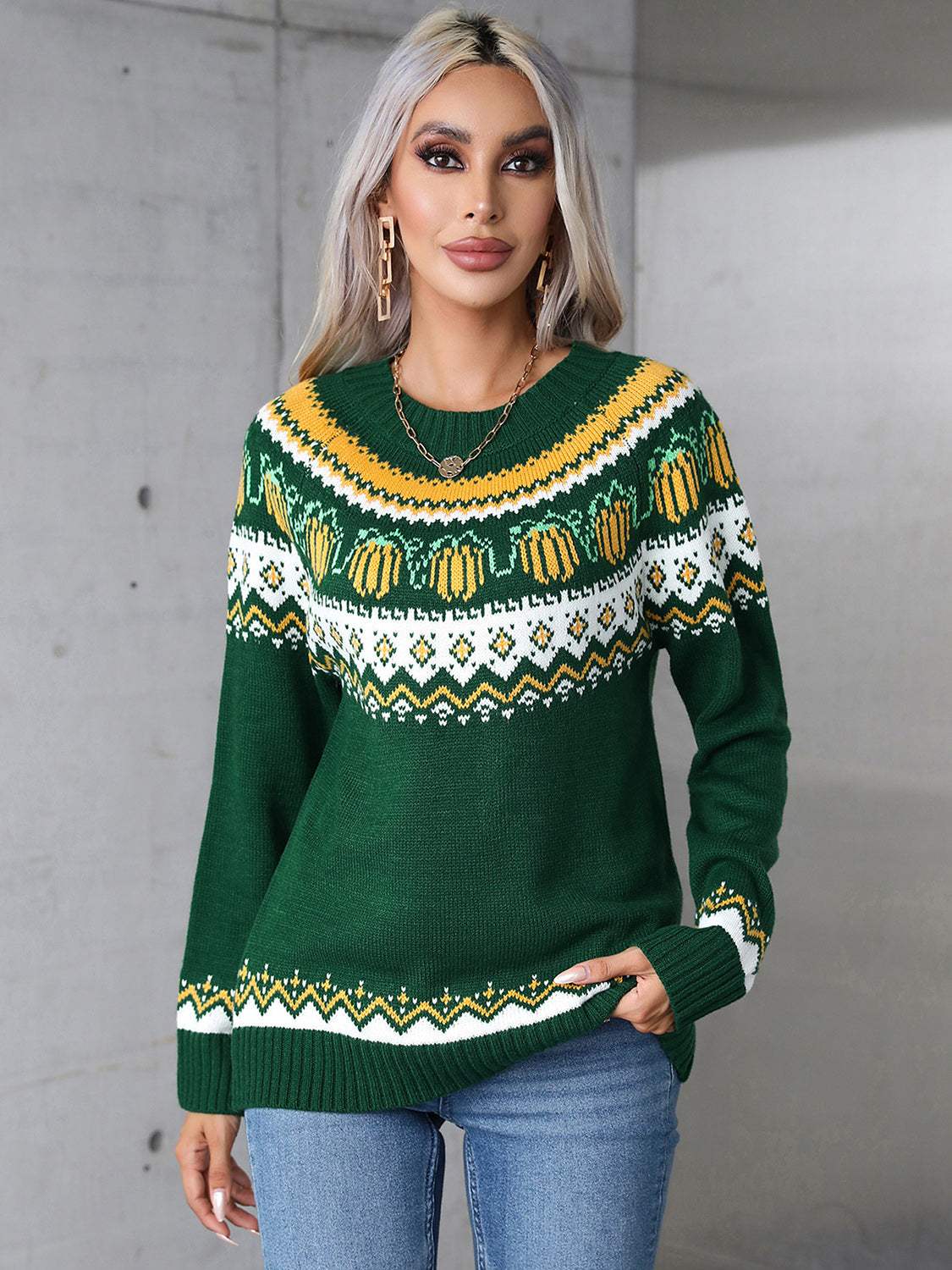 Angel Wings Geometric Round Neck Long Sleeve Sweater - Trendsi - Flyclothing LLC