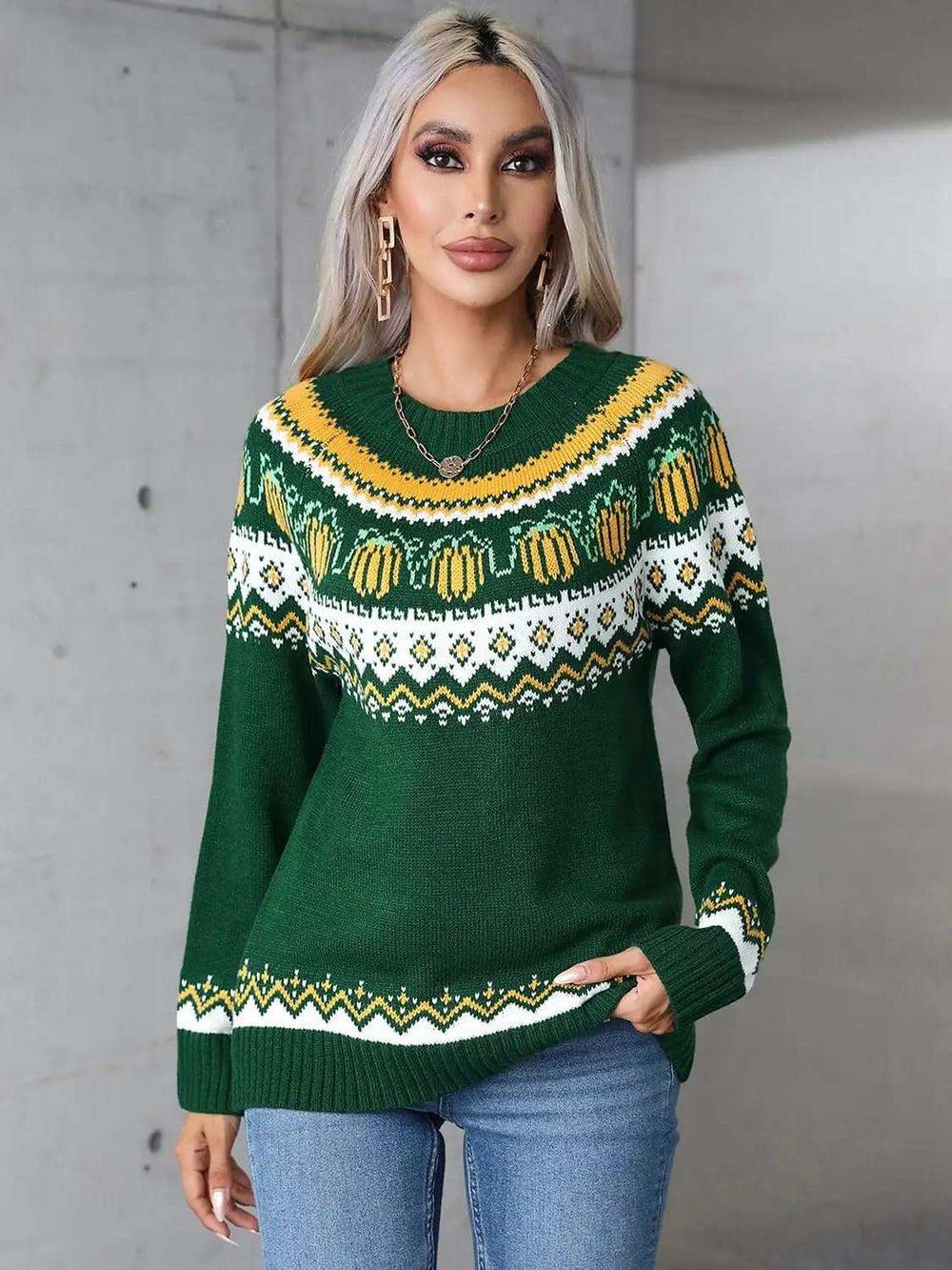Angel Wings Geometric Round Neck Long Sleeve Sweater - Trendsi - Flyclothing LLC