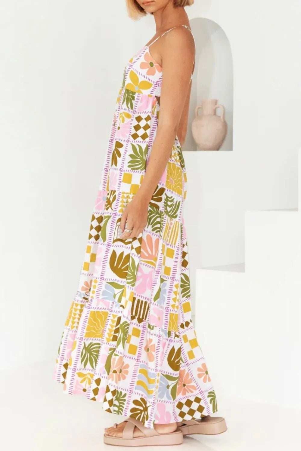 Cutout Back Printed Square Neck Maxi Cami Dress - Trendsi - Flyclothing LLC