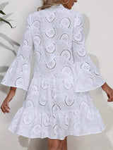 Ruffle Hem Eyelet Notched Long Sleeve Dress - Trendsi - Flyclothing LLC