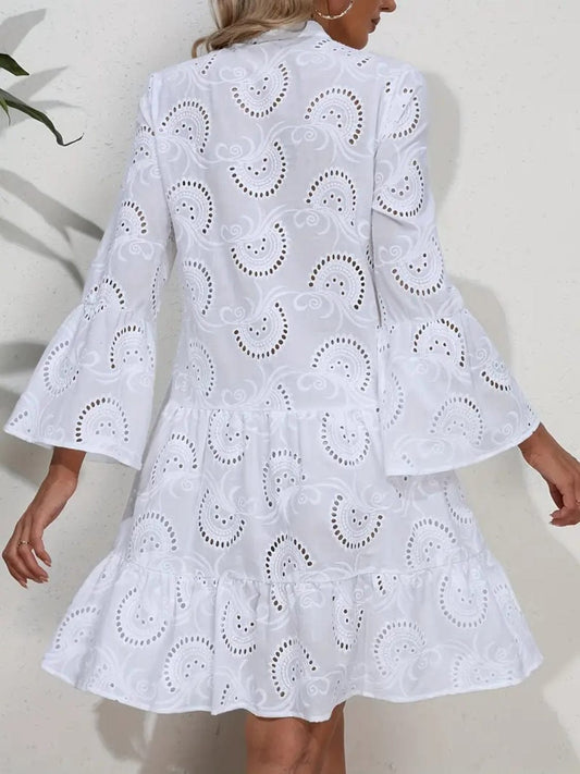 Ruffle Hem Eyelet Notched Long Sleeve Dress - Trendsi